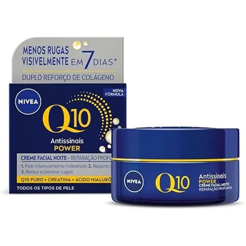 NIVEA Creme Facial Antissinais Q10 Power Noite 49g, Reduz Rugas, Reparação Noturna, Hidratação, Ácido Hialurônico, Cuidado Facial Noturno