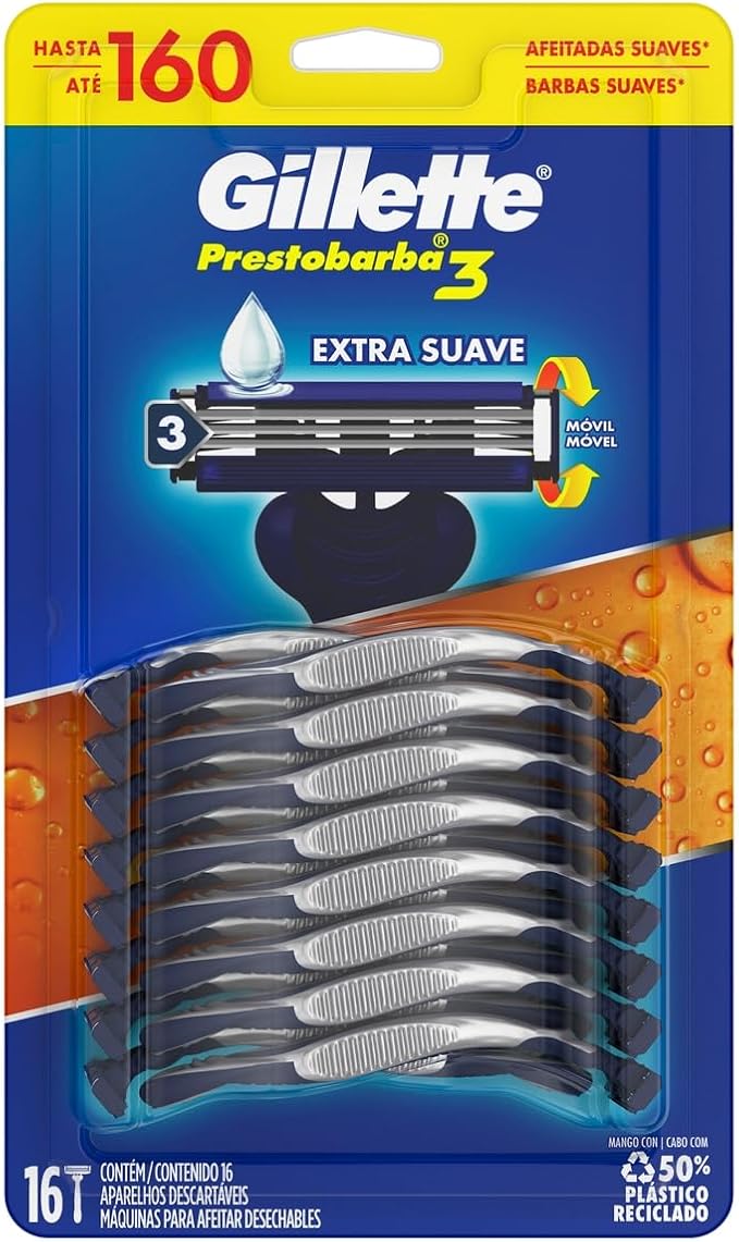 Gillette Prestobarba3 Aparelho de Barbear com 3 Lâminas, 16 Unidades