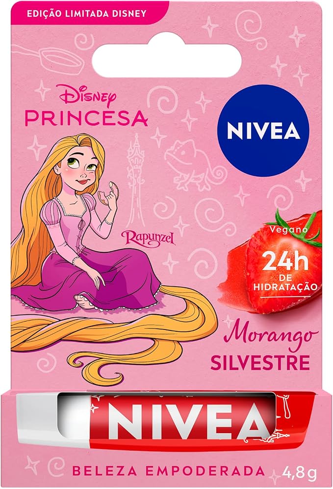 NIVEA Hidratante Labial Morango Silvestre Ed. Limitada Rapunzel Disney® Princesa 4,8g, Hidratação Intensa 24h, Cor Suave, Brilho Delicado, Manteiga de Karité