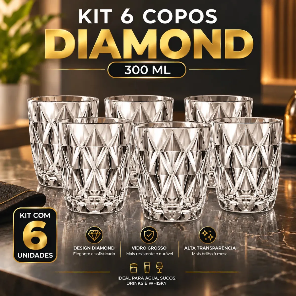 Jogo 6 Copos Diamond Diamante 300ml THOMHOME Vidro Grosso Branco