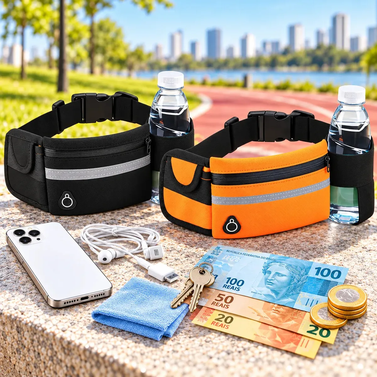 Kit 2 Pochetes Esportiva Impermeável Celular Acessórios Academia Treino Corrida Caminhada Moderna Bolsa Transversal Cintura Moda Blogueira Marca Lemon Shark Cor Preta E Laranja