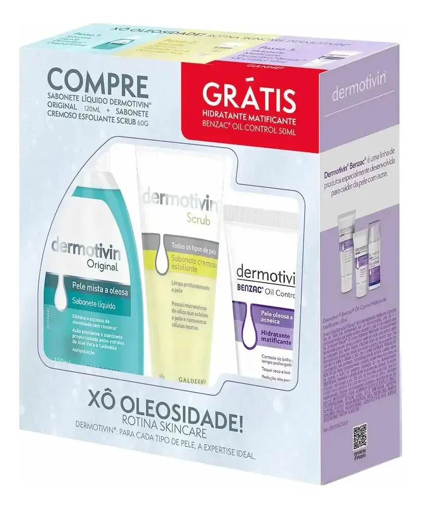 Kit Dermotivin Xô Oleosidade | Sabonete Original Líquido 120ml + Esfoliante 60g + Hidratante Facial 50ml