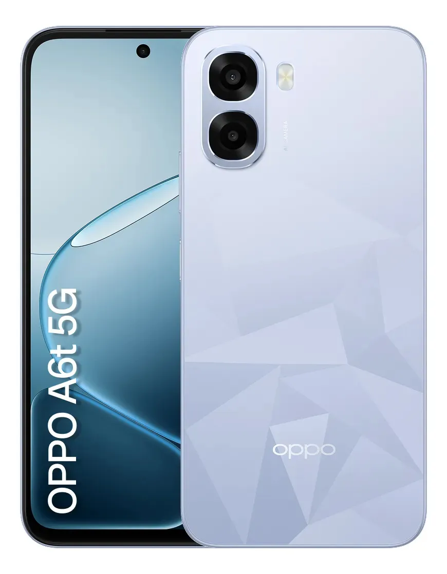 Smartphone OPPO A6t 5g 256gb, 8GB RAM Física e 16GB RAM Virtual, Bateria gigante de 6500 mAh, AI Câmera 50MP, Tela 120Hz, NFC, IP64 - Azul Cristal