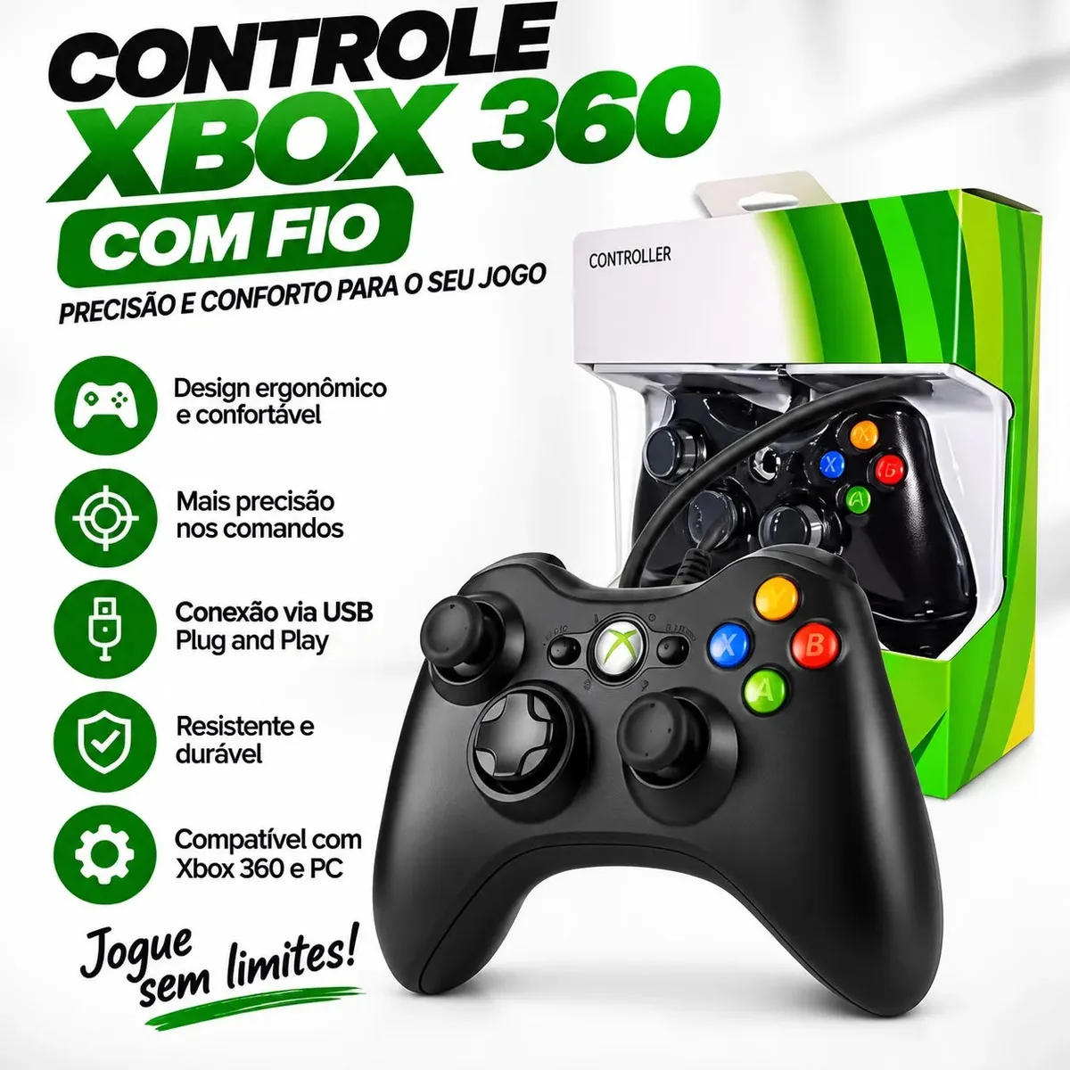 Controle Para Xbox 360 Com Fio Joystick Manete Gamepass Steam Tv Pc Android - Crowley