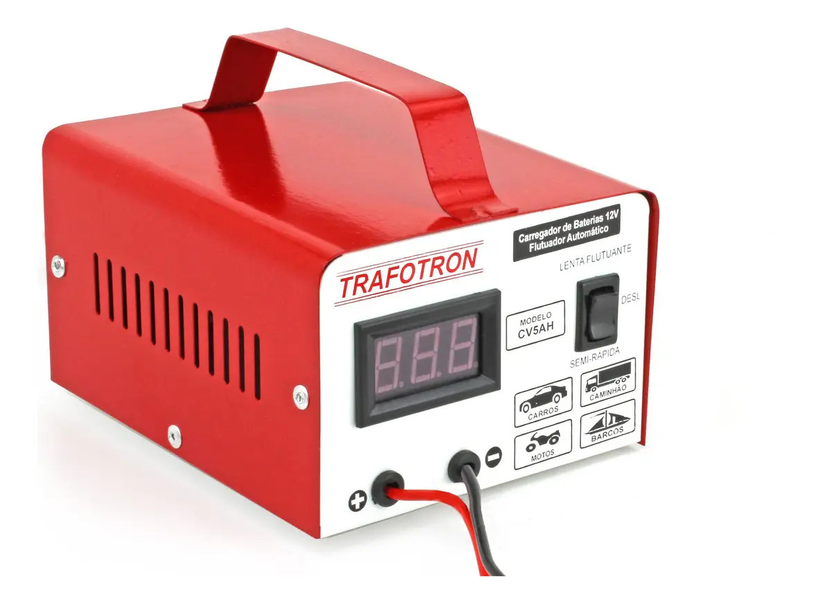 Carregador de Bateria Automotivo Trafotron CV5AH para Carro e Moto 12V até 300A, com Voltímetro Digital e Carga Flutuante