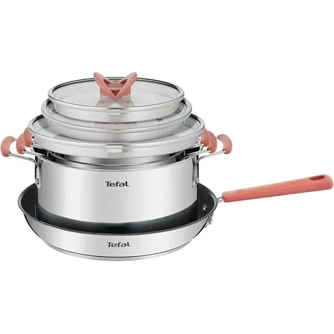 Jogo de Panelas Inox Tefal Opti’Space 4 Peças – Fundo Triplo para Indução, Frigideira Antiaderente com Thermo-Sinal, Caçarolas com Medidas Internas e Design Empilhável