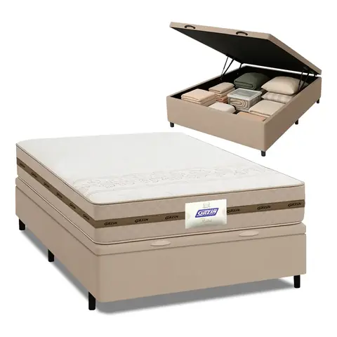 Cama Box Baú Casal Colchão Gazin Molas Flora Bege 138x188x63cm