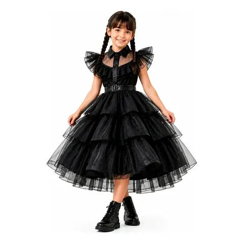 Fantasia Vandinha Addams Infantil Festa Halloween Menina Preto M 7/9 Anos