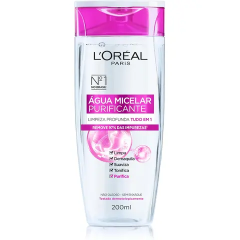 L'Oréal Paris, Água Micelar Solução de Limpeza 5 em 1 Limpa, Demaquila, Purifica, Suaviza e Reequilibra, Cuidado Diário Multifuncional para Todos os Tipos de Peles 200ml